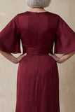 Red Satin Sheath Round Neck Mother of the Bride Dress with Half Sleeves