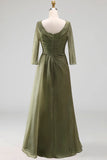Dusty Sage Ruched A Line Boat Neck Long Mother of the Bride Dress