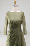 Dusty Sage Ruched A Line Boat Neck Long Mother of the Bride Dress
