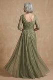 Dusty Sage Ruched A Line Boat Neck Long Mother of the Bride Dress