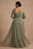 Dusty Sage Ruched A Line Half Sleeves Plus Size Mother Of The Bride Dress
