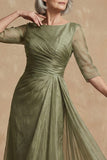 Dusty Sage Ruched A Line Boat Neck Long Mother of the Bride Dress