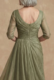 Dusty Sage Ruched A Line Boat Neck Long Mother of the Bride Dress