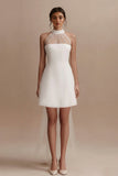 A-Line Mini Halter Neck Little White Dress with Sleeveless