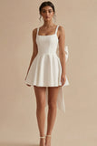 A-Line Spaghetti Starp Mini Satin Little White Dress with Bow