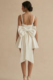 A-Line Spaghetti Starp Mini Satin Little White Dress with Bow