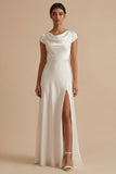 A-Line Cowl Neck Long Satin Short Sleeves Maxi White Dress with Slit