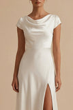 A-Line Cowl Neck Long Satin Short Sleeves Maxi White Dress with Slit