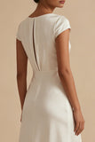 A-Line Cowl Neck Long Satin Short Sleeves Maxi White Dress with Slit