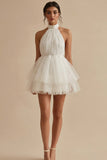 A-Line Halter Neck Mini Tulle Tiered Ruffles Little White Dress