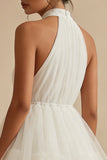 A-Line Halter Neck Mini Tulle Tiered Ruffles Little White Dress