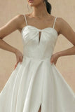 A-Line Spaghetti Straps Mini Little White Dress with Slit