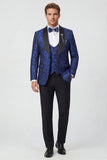 3 Piece Blue One Button Shawl Lapel Jacquard Men's Prom Suits