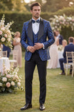 3 Piece Blue One Button Shawl Lapel Jacquard Men's Prom Suits