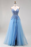 Blue Tulle Corset A-Line Sweetheart Appliqued Long Prom Dress with Slit