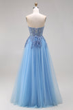 Blue Tulle Corset A-Line Sweetheart Appliqued Long Prom Dress with Slit