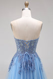 Blue Tulle Corset A-Line Sweetheart Appliqued Long Prom Dress with Slit