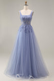 Tulle Dusty Lavender Corset A-Line Square Neck Appliqued Long Prom Dress