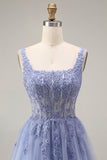 Tulle Dusty Lavender Corset A-Line Square Neck Appliqued Long Prom Dress