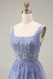 Tulle Dusty Lavender Corset A-Line Square Neck Appliqued Long Prom Dress