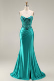 Peacock Satin Corset Mermaid Sweetheart Ruched Beaded Appliqued Long Prom Dress with Slit