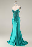Peacock Satin Corset Mermaid Sweetheart Ruched Beaded Appliqued Long Prom Dress with Slit