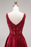 Sparkly Burgundy Velvet Corset A-Line Square Neck Long Prom Dress with Beading