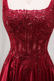 Sparkly Burgundy Velvet Corset A-Line Square Neck Long Prom Dress with Beading