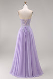 Tulle Lilac Strapless Corset A-Line Appliqued Long Prom Dress