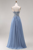 Steel Blue Chiffon Corset A-Line Beaded Appliqued Long Prom Dress with Slit