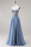 Steel Blue Chiffon Corset A-Line Beaded Appliqued Long Prom Dress with Slit