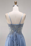 Steel Blue Chiffon Corset A-Line Beaded Appliqued Long Prom Dress with Slit