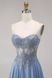Steel Blue Chiffon Corset A-Line Beaded Appliqued Long Prom Dress with Slit