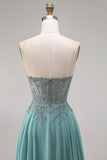 Chiffon Eucalyptus Sweetheart Corset A-Line Beaded Appliqued Long Prom Dress with Slit