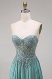 Chiffon Eucalyptus Sweetheart Corset A-Line Beaded Appliqued Long Prom Dress with Slit