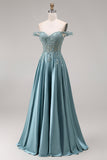 Agave Satin Off the Shoulder Corset A-Line Beaded Appliqued Long Prom Dress