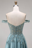 Agave Satin Off the Shoulder Corset A-Line Beaded Appliqued Long Prom Dress