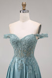 Agave Satin Off the Shoulder Corset A-Line Beaded Appliqued Long Prom Dress