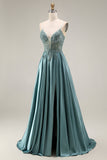 Agave Satin Corset A-Line Beaded Appliqued Long Prom Dress with Slit