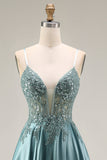 Agave Satin Corset A-Line Beaded Appliqued Long Prom Dress with Slit