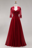 Velvet Burgundy A-Line Appliqued Long Mother of the Bride Dress with Beading