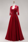 Velvet Burgundy A-Line Appliqued Long Mother of the Bride Dress with Beading