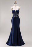 Satin Navy Mermaid Ruched Corset Lace-Up Back Long Prom Dress with Beading