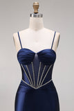 Satin Navy Mermaid Ruched Corset Lace-Up Back Long Prom Dress with Beading