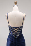 Satin Navy Mermaid Ruched Corset Lace-Up Back Long Prom Dress with Beading