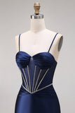 Satin Navy Mermaid Ruched Corset Lace-Up Back Long Prom Dress with Beading