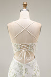 White Green Flower Sheer Corset Mermaid Embroidered Long Prom Dress with Slit