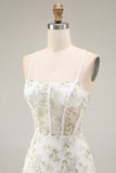 White Green Flower Sheer Corset Mermaid Embroidered Long Prom Dress with Slit