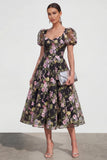 A Line Midi Multi Floral Dress with Puff Sleeves