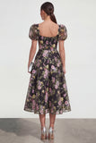 A Line Midi Multi Floral Dress with Puff Sleeves